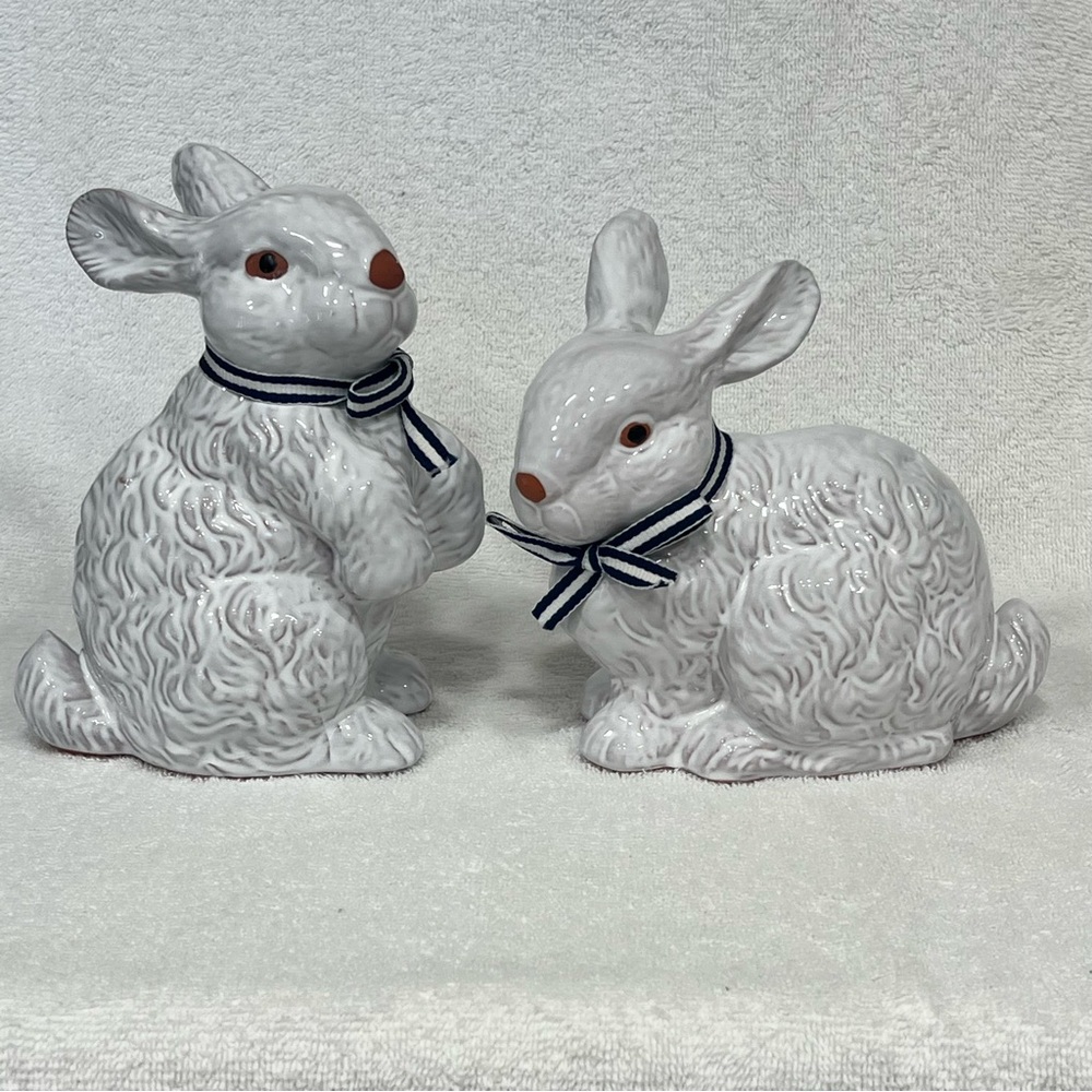 White Ceramic Bunny Figurines with Blue Accents, set of 2